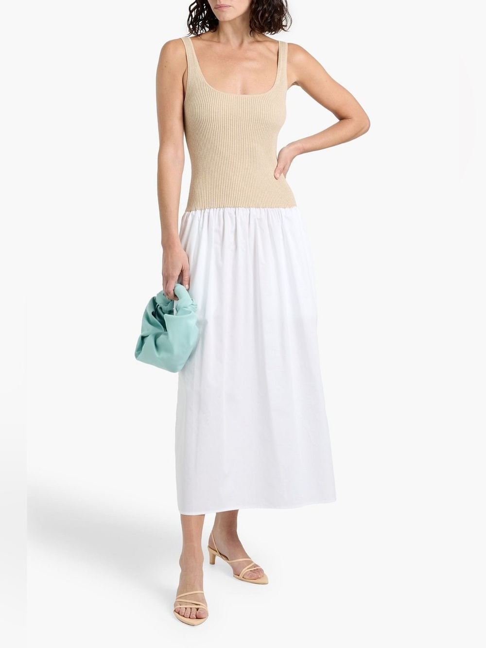 NAADAM Ribbed Knit & Cotton Poplin Midi Dress Tan White MSRP $325 Small